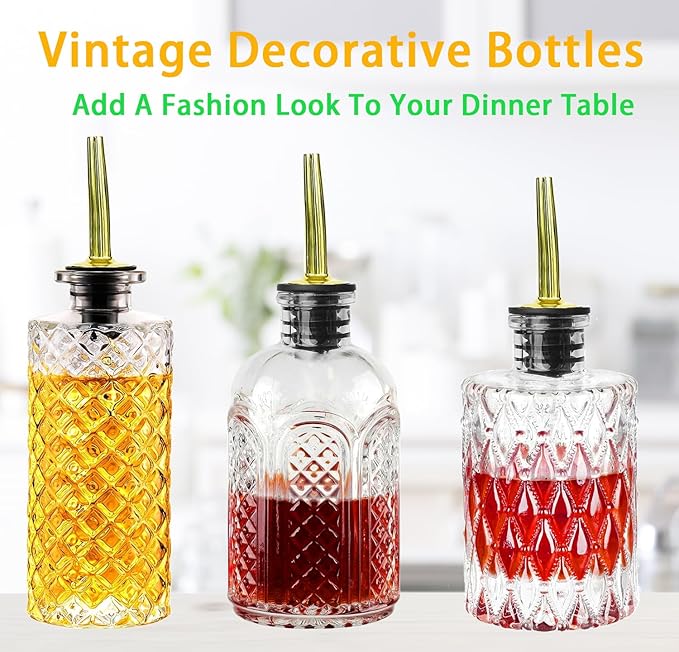 Aimery Coffee Syrup Dispenser Bottles Set - 3 Pack Simple Syrup Bottles with Metal Pour Spout and Dust Caps,For Syrups,Honey,Olive Oil,Condiments,Syrup Dispenser for Coffee Bar with Labels