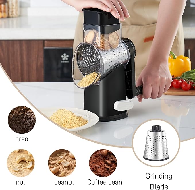 Weltonhm Rotary Cheese Graters with 4 Blades, Hand Crank Cheese Grater with Waffle Slicer, Black and White Cheese Shredder with Suction Base, Easier for Shredding & Grating (Black, 4 Graters)