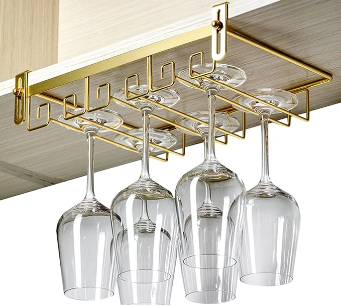 V3VOGUE Under Cabinet Wine Glass Rack, Punch-Free Stemware Rack, Hanging Stemware Holder, Adjustable Under Shelf Glasses Storage Hanger, Metal Organizer, for Cabinet Kitchen Bar