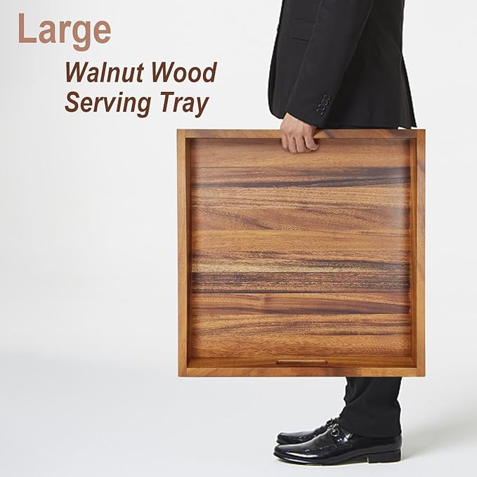 22x22Inches Walnut Wooden Ottoman Tray with Handles,Square Coffee Table Serving Tray for Home Decor,Couch Table for Party,Patio Breakfast Trays for Bed no Legs