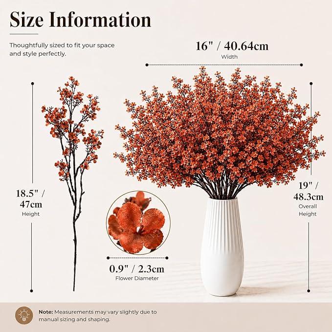 Mandy's Burnt Orange Artificial Baby’s Breath Flowers 15 Bundles Silk Gypsophila, 18.5 Inch European Style Modern Home Decor Centerpiece, Neutral Wedding Flower Arrangements