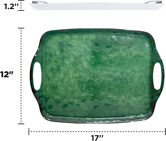 TP Serving Trays with Handles, 17 x 12 Inch Melamine Serving Platters for Food, Meat, Set of 2 Rectangular Trays for Eating, Retro Green