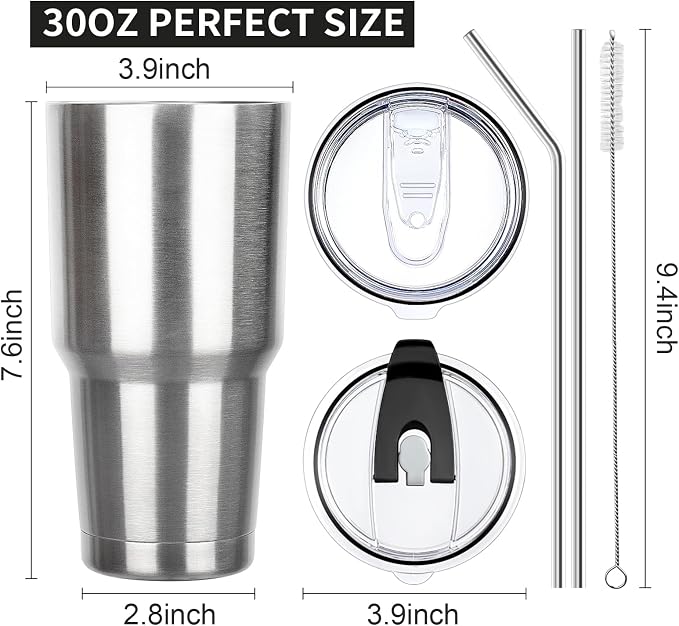 30 oz Tumbler with Lids and Straws Double Wall Insulated Tumbler Cup,Stainless Steel Leak-proof Thermal Coffee Tumbler Powder Coated Travel Mug for Cold and Hot Beverages,Silver