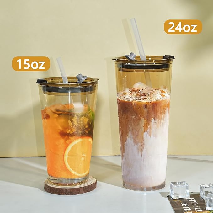 15oz Iced Coffee Glass Cup Set of 2 with Lid Straw Thick Leak Proof Drinking Glasses Tumbler for Gift Cold Drink Smoothie Boba Tea(Amber & Clear)
