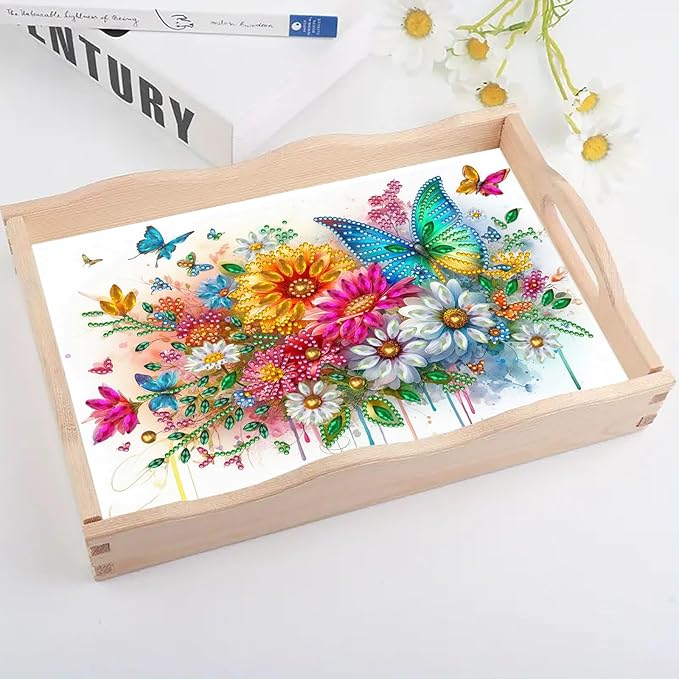 DIY Diamond Art Painting Serving Tray Creative Design Handmade Wooden Rectangular Snack Tray Dinner Plate Drill Craft for Coffee Living Room Home Organizer-Butterfly