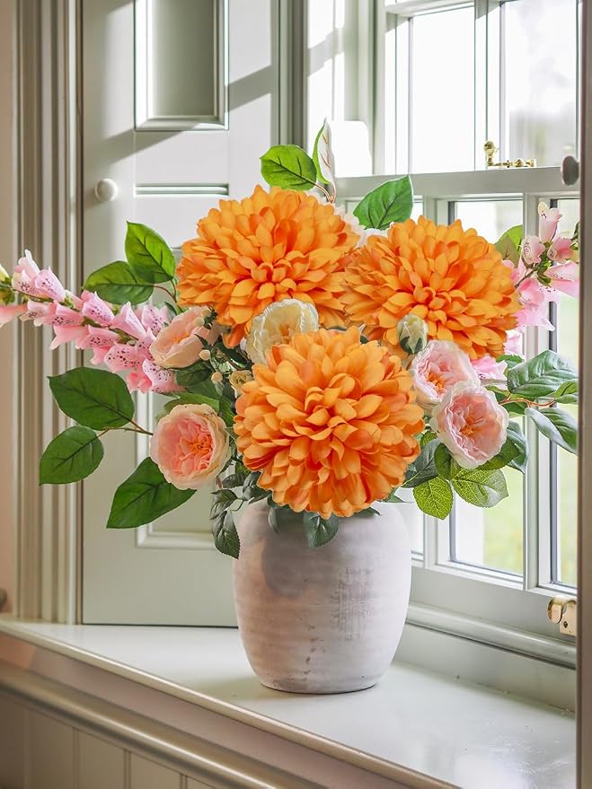 Briful [6PCS Autumn Artificial Chrysanthemum Flowers – 25.6” Long Stem Faux Silk Flowers with Large 6” Bloom Heads, Realistic Plastic Leaves – for Home Wedding Party Office Fall Decor (Orange)