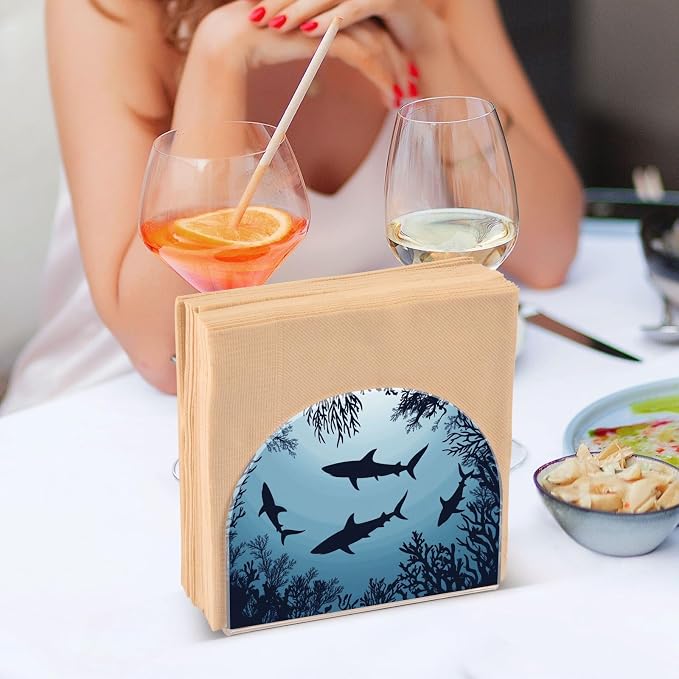 Fustylead Swimming Sharks Ocean Animal Napkin Holder for Table Acrylic Vertical Napkin Holders for Paper Napkins Decor Napkin Dispenser for Home Party Dining Cocktail Kitchen Accessories, 2 Pack