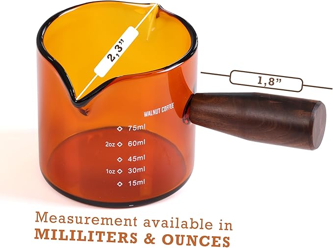 Amber 3.5oz Espresso Shot Glass Double Spouts with American Walnut Handle, Double Spout Glass Measuring Cup, Milk Frothing Pitcher