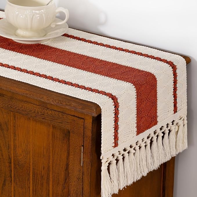 Boho Woven Cotton Linen Table Runner Terracotta & Ivory 11"x48" with Tassels Rustic Macrame Farmhouse Table Runner for Summer Dining Room Wedding Kitchen Party