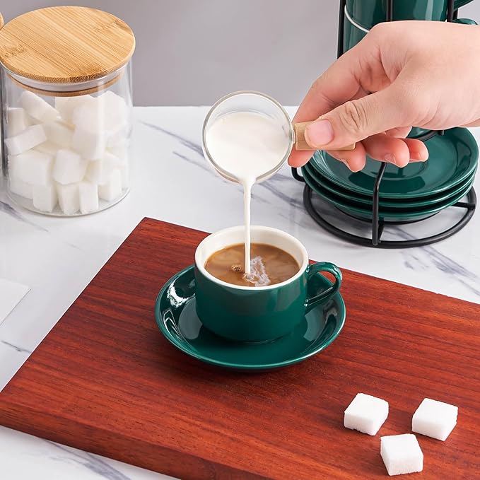 YOLIFE 2.5oz Espresso Cups Set of 4, Porcelain Stackable Espresso Cups, Expresso Shots Cup Set with Saucers and Metal Stand-Green