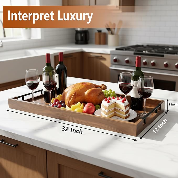 Sasovevga 32 x 12 Inch Large Acacia Wood Serving Tray with Metal Handle, Long Charcuterie Board for Cheese, Meat & Appetizers, Extra Long Kitchen Platter for Gatherings, BBQ & Home Decor