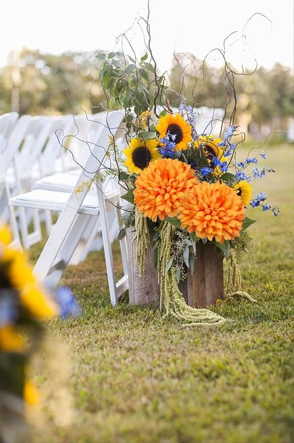 Briful [6PCS Autumn Artificial Chrysanthemum Flowers – 25.6” Long Stem Faux Silk Flowers with Large 6” Bloom Heads, Realistic Plastic Leaves – for Home Wedding Party Office Fall Decor (Orange)