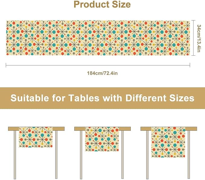 Mid Century Table Runner,70s Vintage Abstract Art Atomic Star Line Home Decor Kitchen Table Party Picnic 13x36 Inch