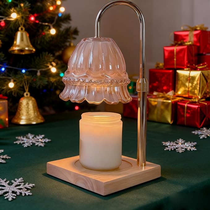 Glass Flower Lampshape Candle Warmer Lamp with Adjustable Height, Wax Burner Lamp with Timer and Dimmer, Wooden Base Candle Warmer, Women's Gifts (Amber)
