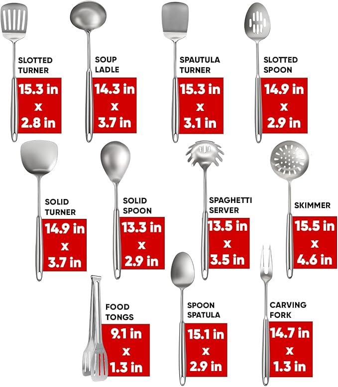 Newness 11 Pcs Cooking Utensils Set, 304 Stainless Steel Kitchen Utensils Set, Metal Kitchen Accessories, Include Soup Ladle, Slotted Skimmer Spoon, Spaghetti Spoon and Spatula, Dishwasher Safe
