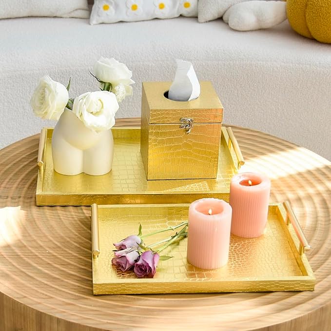 Set of 2 Modern Elegant Large Wood Serving Tray, Rectangle Decorative Tray Ottoman Tay Coffee Table Tray, Gold Crocodile Leather with Gold Polished Metal Handles