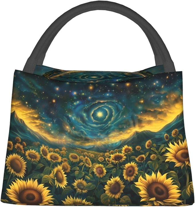 Sunflower Field Under Starry Galaxy Sky Lunch Box for Women Girls Adults Insulated Cosmic Swirl Clouds Lunch Bag for Work Picnic Travel Gifts Cooler Thermal Large Capacity Reusable Tote Makeup Bags