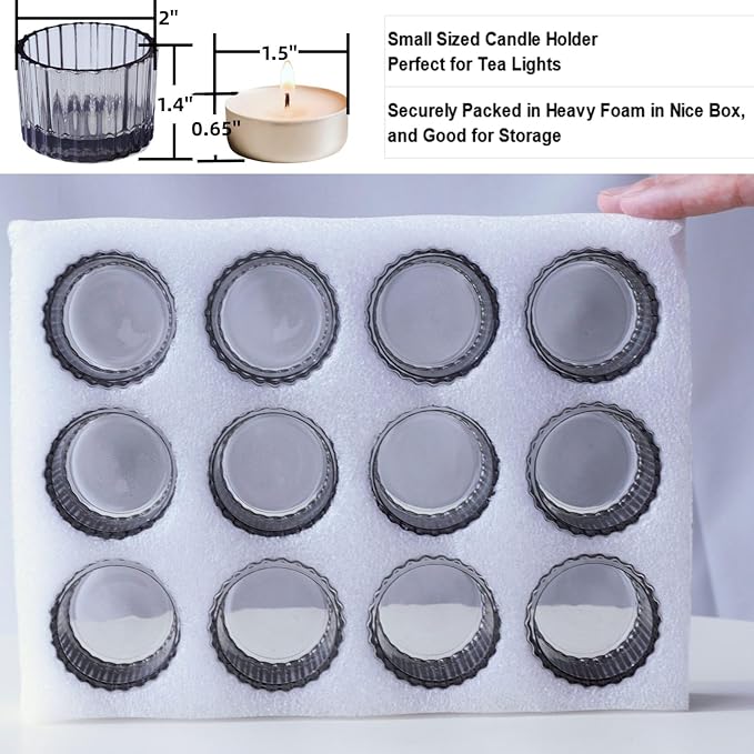 VOHO 24pcs Smokey Grey Tealight Candle Holder for Neutral Room Decor, Ribbed Votive Candle Holders for Table Centerpiece, Glass Tea Light Candle Holders Decoration for Coffee Table, Formal Anniversary