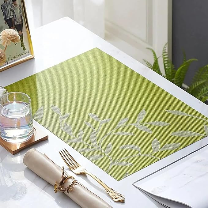 Leaf Placemats Set of 8 Non-Slip Heat-Resistant Vinyl Washable Place Mats for Kitchen Table Indoor Outdoor Durable (18"x12", Green)