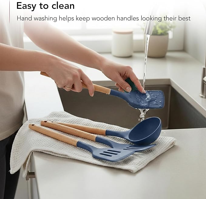 OVENTE Silicone Cooking Utensils Set, 17pcs Heat Resistant Kitchen Tools and Gadgets for Nonstick Cookware, BPA Free Spatula Set with Wooden Handle, Cup Holder, Oven Gloves and Hot Pads, Blue SPS17BL