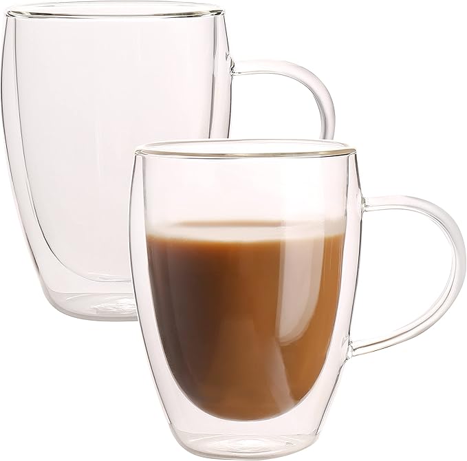 Gmark Large Coffee Mugs Set of 2 (12 oz, 350 ml), Double Wall Tumbler Glass Cup, Insulated Coffee Cups for Tea, Latte, Espresso, Juice, or Water GM2029