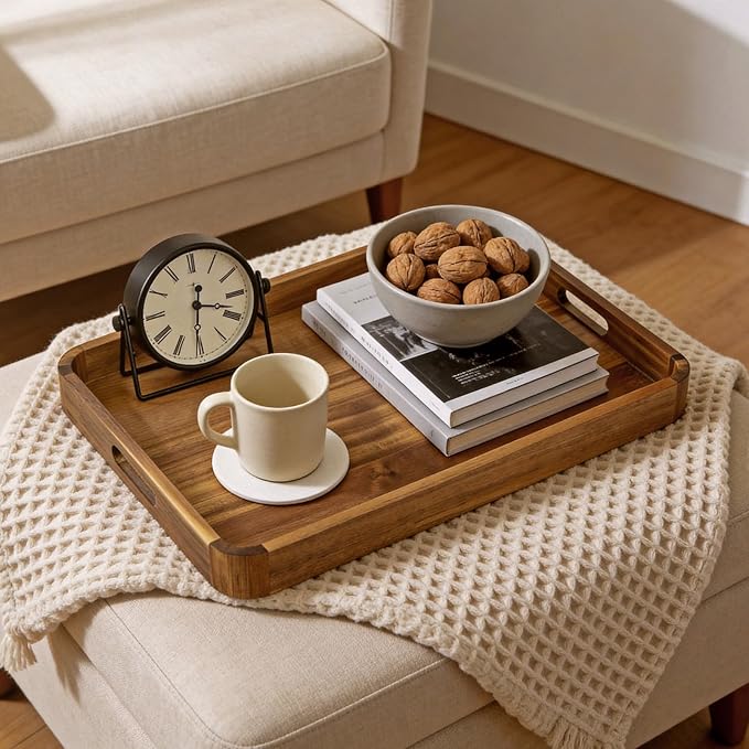 HILLSPRING Acacia Wood Serving Tray with Handles,17 Inch Rectangular Farmhouse Rustic Ottoman & Coffee Table Tray for Living Room, Breakfast in Bed, Charcuterie, Brown