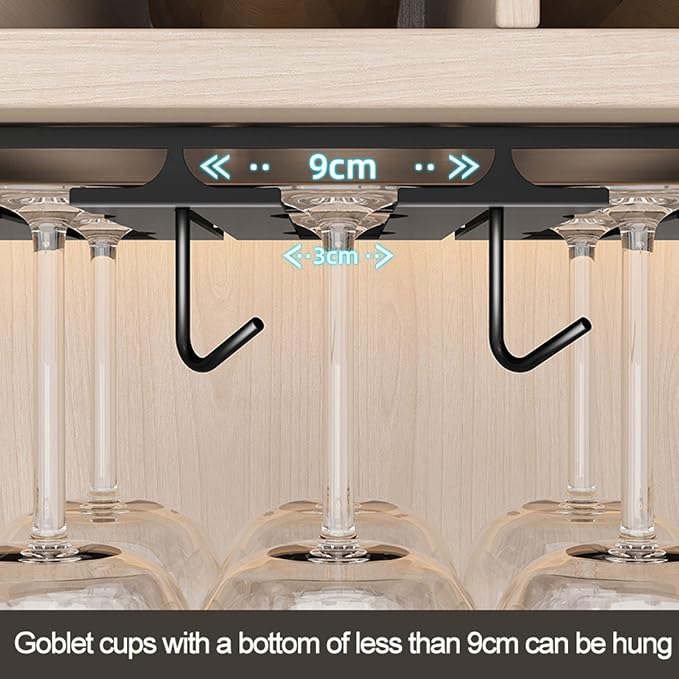 V3VOGUE Hanging Wine Glasses Holder Under Cabinet, 2/3/4/5/6 Rows Black Metal Wine Glasses Hanger, Glass Storage Rack Organiser for Cupboard Kitchen Bar (Size : 2 Row)
