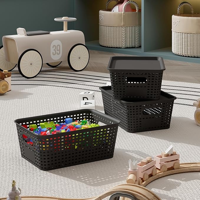 Resze 6-Pack Plastic Storage Bins with Lids, Stackable Organizer Baskets & Containers for Pantry, Kitchen, Cabinet, Closet, Bathroom Organization Toys, Space Saving, Easy-Carry Handles,Black