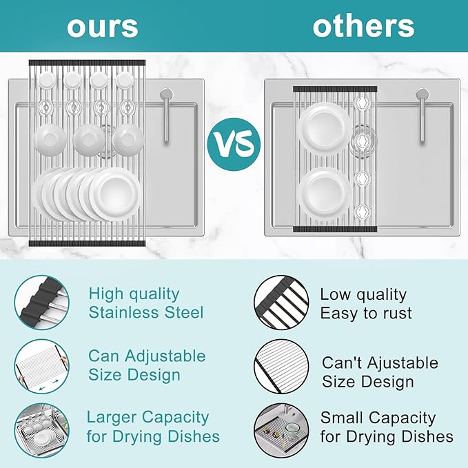 Extra Large Expandable Roll Up Dish Drying Rack,Over The Sink Drying Rack Sink Cover Kitchen Sink Accessories Kitchen Rolling up Stainless Steel Drainer, Foldable,Rollable（Black，22.8''-12.4''）