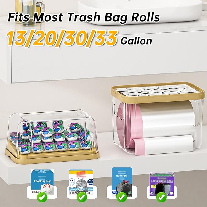 2-in-1 Trash Bag Dispenser & Laundry/Dishwasher Pods Container, Clear Acrylic Garbage Bag Holder with Removable Lids, Under Sink Organizer Kitchen Pantry Storage Box