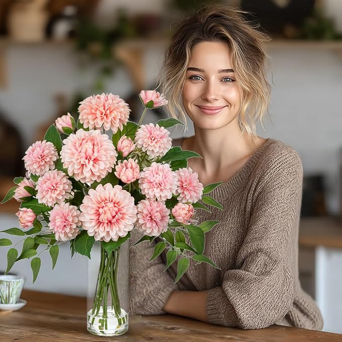Hollyone Pink Fake Flowers in Vase Dahlia Artificial Flowers in Glass Vase with Faux Water Dahlia Silk Flower Arrangements for Bathroom Office Table Centerpiece Shelf Decorations Home Decor