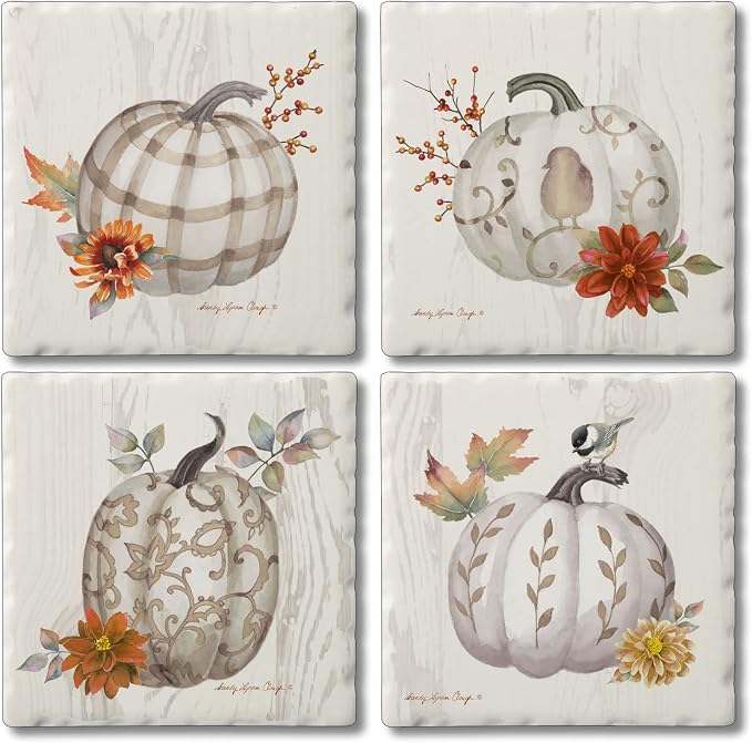 Thirstystone Fall Pumpkins 4 Pack Assorted Tumbled Tile Stone Coasters with Protective Cork Backing 4" Square Manufactured in the USA