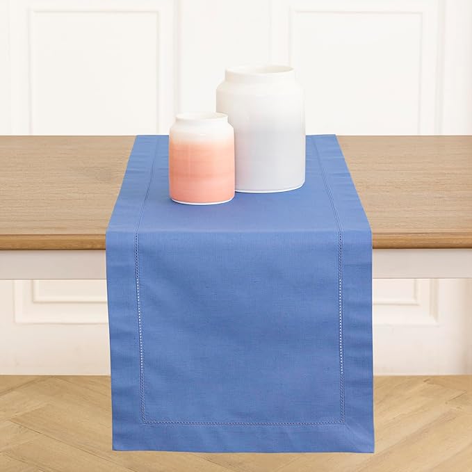 Solino Home Cotton Linen Dusty Blue Table Runner 120 Inches Long - Hemstitch 14 x 120 Inch Table Runner for Dining, Spring, Summer