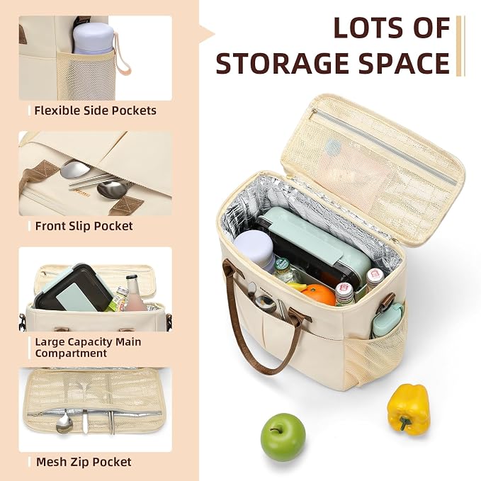 MDODO Large Insulated Lunch Bags for Women Men Adult Lunch Box with Shoulder Strap for Work,Picnics,Outings (Beige)