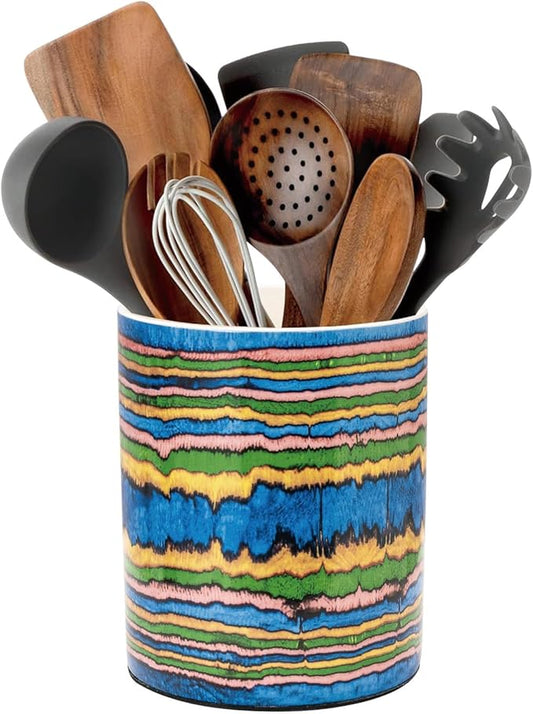 Bohemian Style Ceramic Utensil Holder, 6.5-Inch Farmhouse Kitchen Counter Decor with Multi-Color Stripes for Indoor Decor