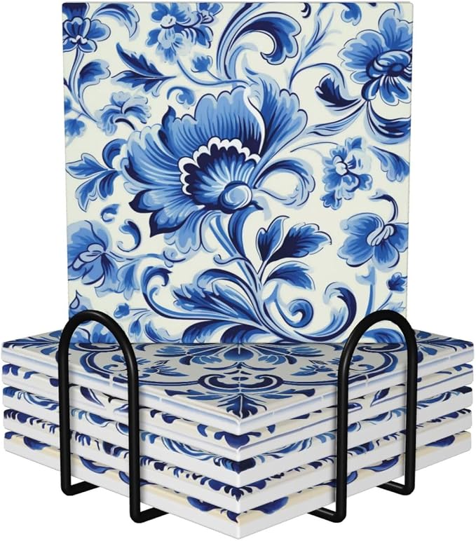 Coaster for Drinks Set of 6, Blue Vintage Spanish Ceramic Floral Absorbent Round Ceramic Stone Mat, with Cork Base and Metal Holder, Gift for Housewarming Room Bar Decor (Azulejo Tile-3)