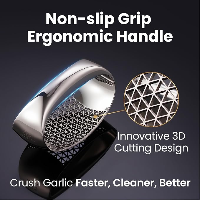 Full Stainless Steel Garlic Press Rocker with Eject Base + Scraper Spoon, Innovative 3D Cutting, Easy Crush & Clean Garlic Mincer, Premium Garlic Tool with Ergonomic Grip, 5-Year Warranty