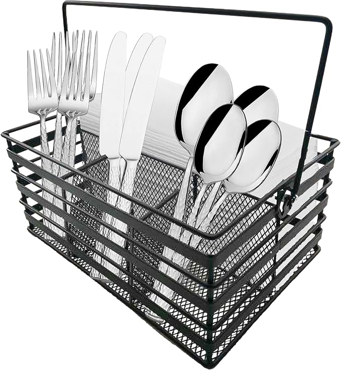 Stainless Steel Utensil Basket,Dishwasher , Flatware Basket, Kitchen, Countertop, Office, Camping, Outdoors, and Restaurants, 4-Compartment, Black