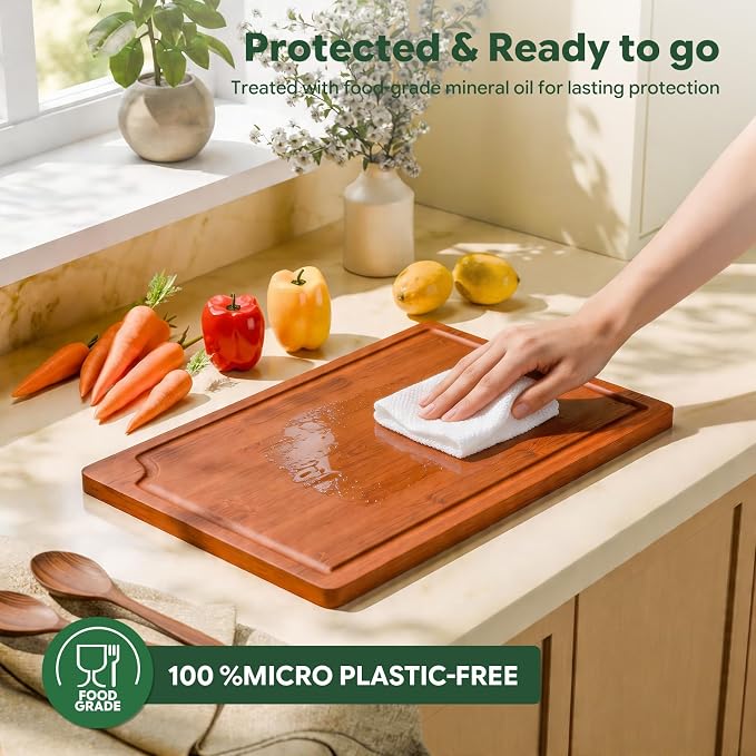 Simple Trending Bamboo Cutting Boards for Kitchen, Durable Chopping Boards with Deep Juice Grooves, Set of 3 Butcher Block for Meat, Vegetables and Fruits