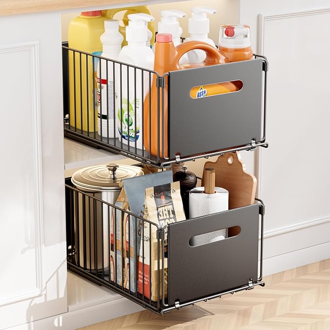 Pull Out Spice Racks for Inside Cabinets, Heavy Duty Under Sink Pull Out Organizer 2 Pack, Slide Out Drawers for Kitchen Cabinets, Bathroom, Pantry Organizers, 14.6”D x 9.6" W x 7" H, Black