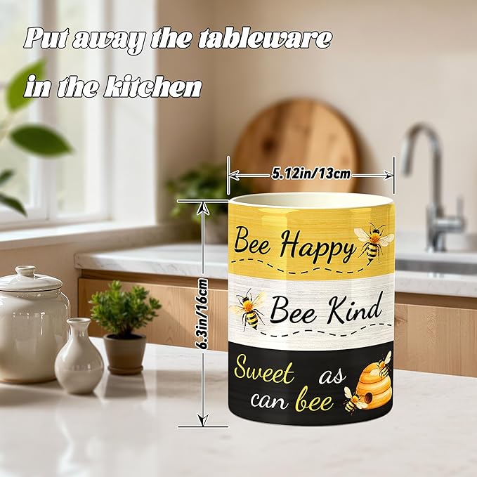 Bee Utensil Holder, Honey Bees Ceramic Kitchen Utensil Holder, Utensil Crock for Home Kitchen Countertop Storage Organizer Container, Large Holder for Spatulas, Spoons, Kitchen Counter Decor, 6"