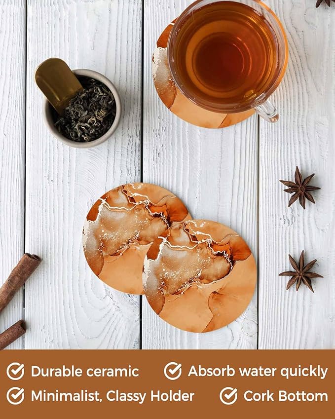 Coasters Set of 8 Orange Marble Drink Coasters with Holder Absorbent Stone Ceramic Cup Mat Abstract Waves Cloud Coaster for Drinks Coffee Bar Office Kitchen Cafe Home Table Decor