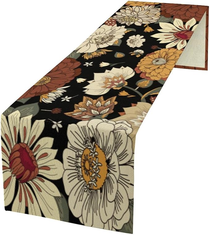 Boho Mandala Flower Table Runner, Vintage Rustic Hippy 70s Old Indian Botanicals Floral Leaves Table Decor Table Top Dining Kitchen Wedding Party 13x90 in