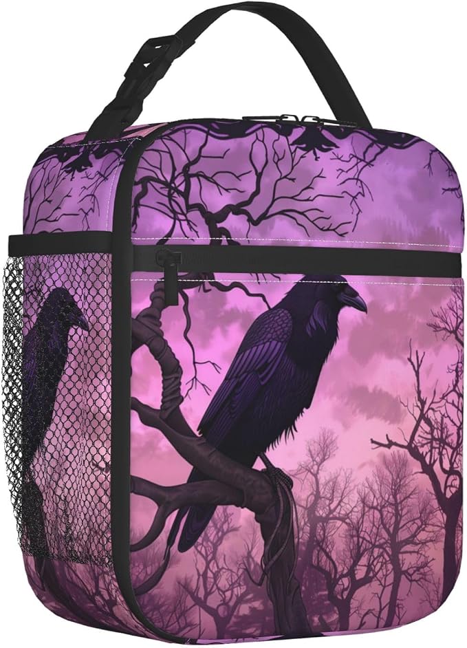 Gothic Raven Forest Lunch Bag for Women Men Adults, Insulated Lunch Box for Work, Sports, Travel, Picnic, Hiking, Fishing, Dark Purple Crow Theme Lunchbox Gifts