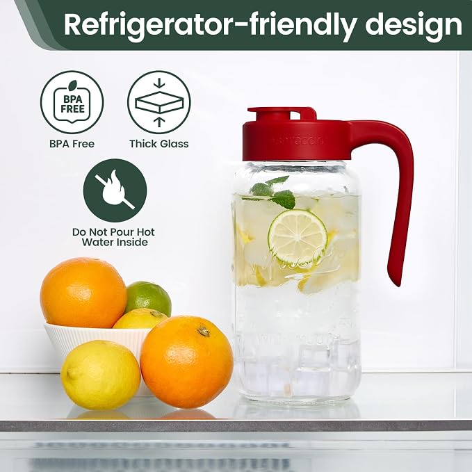 Mason Jar Pitcher - Airtight & Leakproof Glass Pitcher with Lid, Perfect for Breastmilk, Cold Brew, and Sun Tea, 2 Quart (64 oz) Mason Jar with Pour Spout Lid