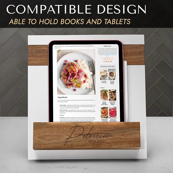 Personalized Cookbook Stand – Custom Engraved Acacia Wood & White Marble Recipe Book Holder with Weighted Base – Rustic Design, Tablet & Cookbook Stand for Kitchen Counter, 12 × 11 × 7.5 