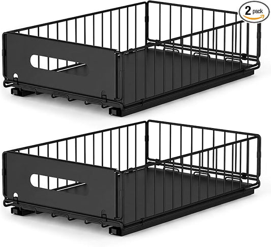 2 Pack Pull Out Cabinet Organizer, 15"" Depth Slide Out Pantry Drawer with Nano Adhesive (No Drilling), Heavy Duty Wire Basket for Kitchen, Under Sink, Bathroom, 9.44"" W x 3.54"" H, Black