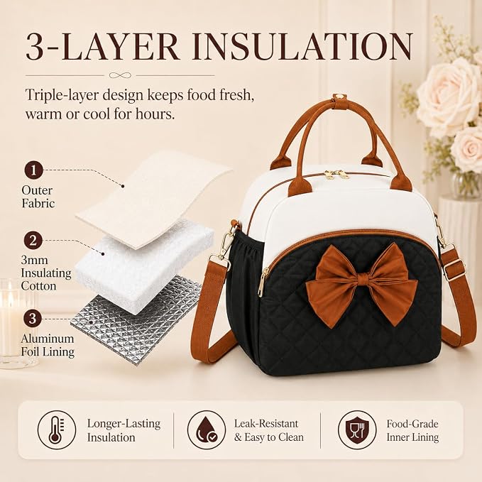 LEDAOU Lunch Box for Women, Insulated Lunch Bag Women with Adjustable Shoulder Strap, Cute Lunch Tote Bag for Work, Womens Lunch Bag with Bowknot, Front Zipper Pocket & Side Pockets