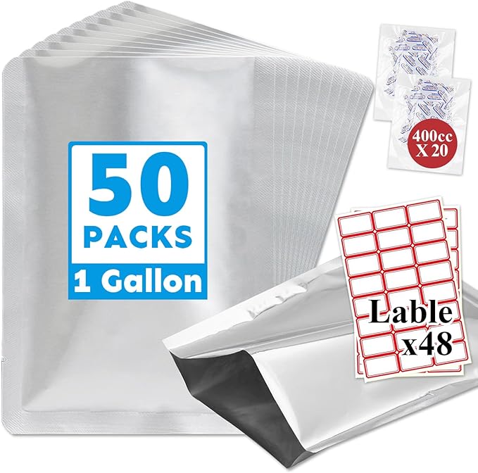 1Gallon 50PCS 10" x 14" Mylar Bags for Food Storage with Oxygen Absorbers&Labels,Resealable Heat Seal Flat Pouches for Long Term Food Storage,Dried Food,Coffee Beans,Tea,Grains(No Zipper,Flat Bottom)