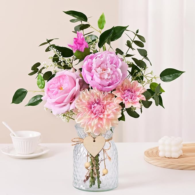 Livole Fake Flowers with Vase, Pink Real Touch Silk Artificial Flowers in Vase, Fake Plant Eucalyptus Flower Arrangement for Table Centerpieces, Table Decorations for Living Room, Coffee Table, Home
